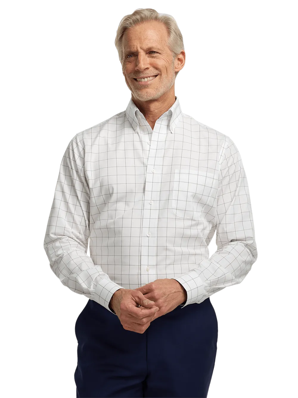 Non-Iron Cotton Windowpane Dress Shirt With Contrast Trim - Brown