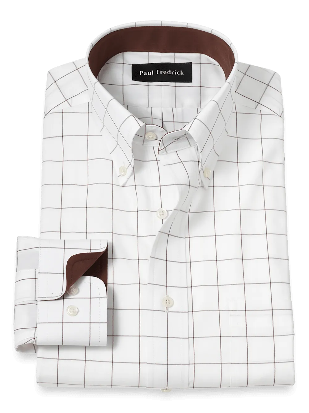 Non-Iron Cotton Windowpane Dress Shirt With Contrast Trim - Brown