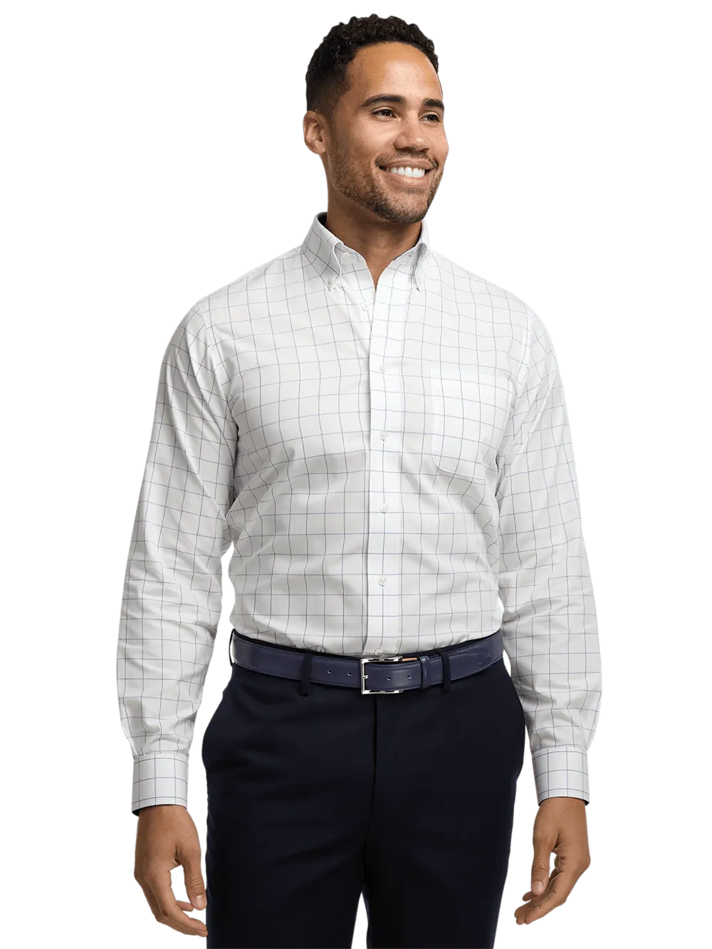 Non-Iron Cotton Windowpane Dress Shirt With Contrast Trim - Cobalt