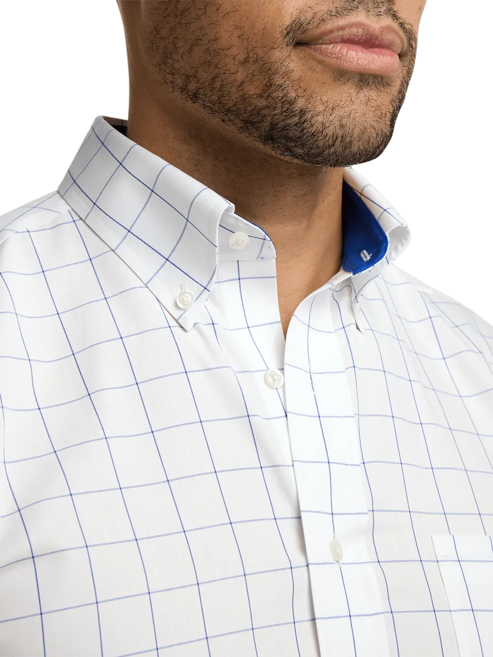 Non-Iron Cotton Windowpane Dress Shirt With Contrast Trim - Cobalt