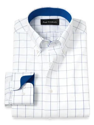Non-Iron Cotton Windowpane Dress Shirt With Contrast Trim - Cobalt