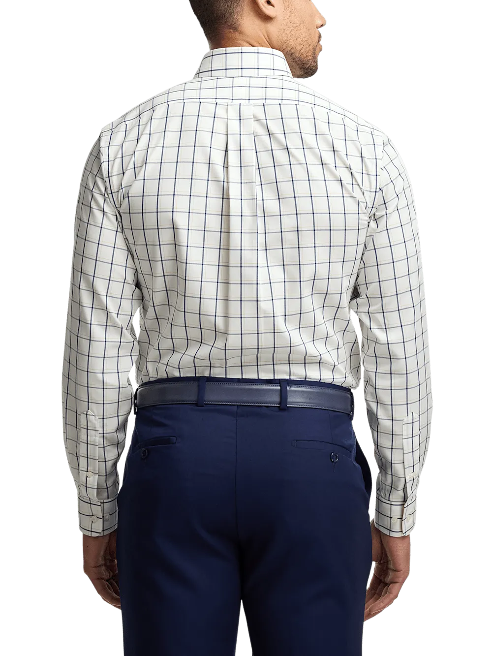 Non-Iron Cotton Windowpane Dress Shirt With Contrast Trim - Navy/gold