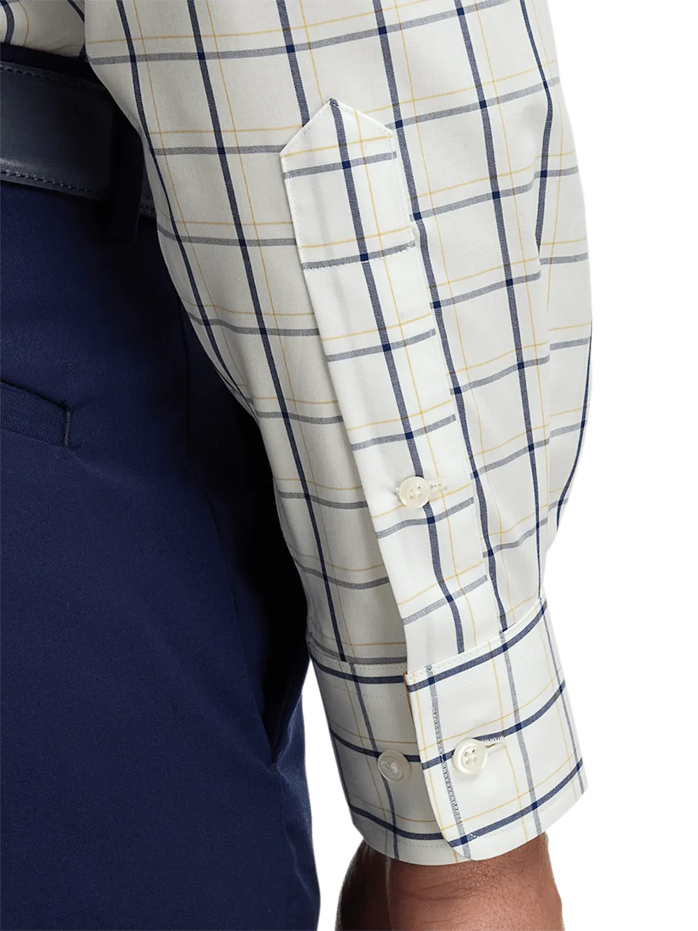 Non-Iron Cotton Windowpane Dress Shirt With Contrast Trim - Navy/gold