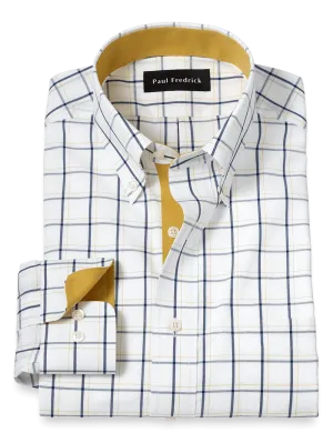 Non-Iron Cotton Windowpane Dress Shirt With Contrast Trim - Navy/gold