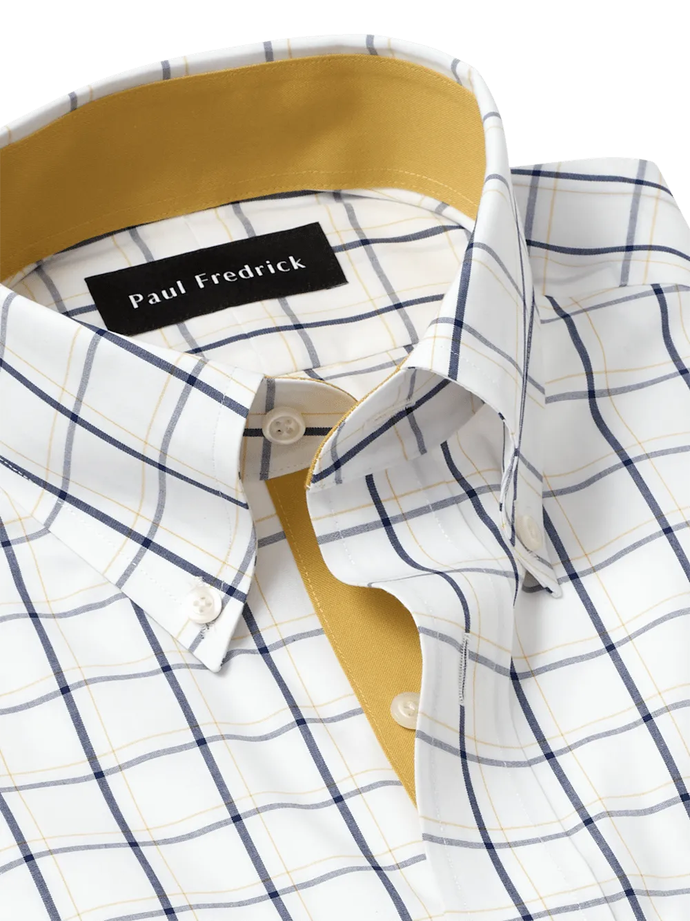Non-Iron Cotton Windowpane Dress Shirt With Contrast Trim - Navy/gold
