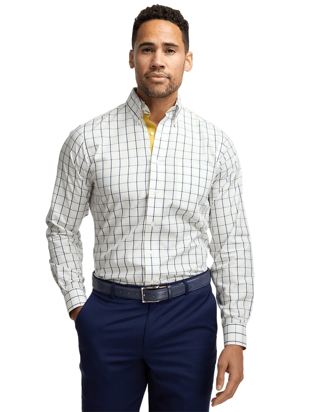 Non-Iron Cotton Windowpane Dress Shirt With Contrast Trim - Navy/gold