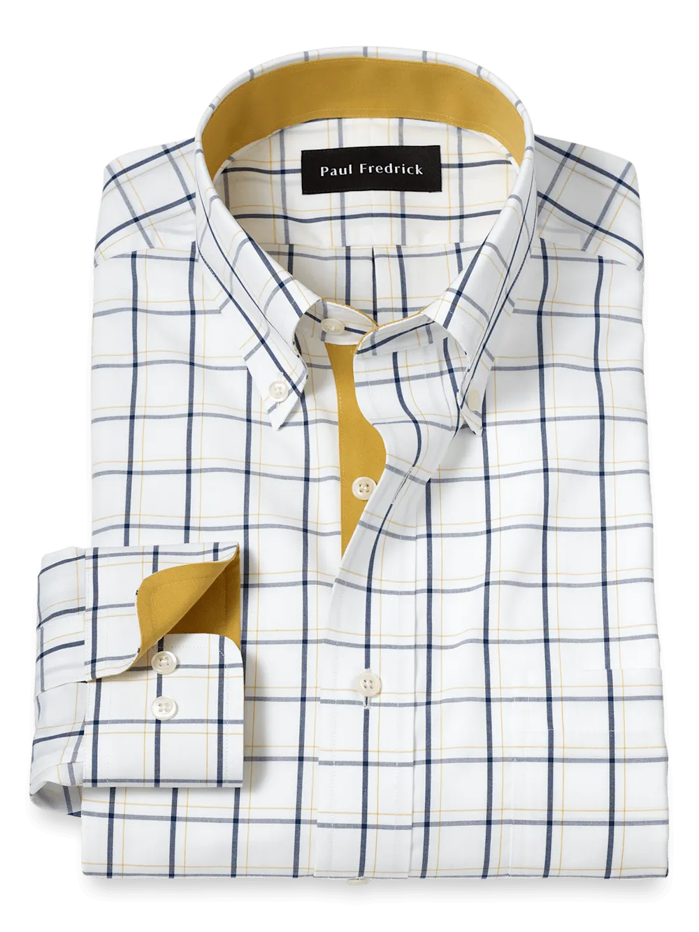 Non-Iron Cotton Windowpane Dress Shirt With Contrast Trim - Navy/gold