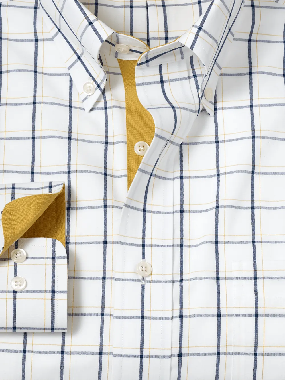 Non-Iron Cotton Windowpane Dress Shirt With Contrast Trim - Navy/gold