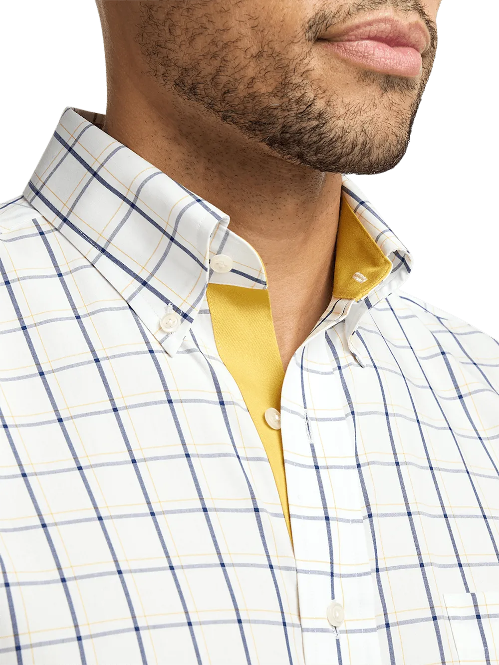 Non-Iron Cotton Windowpane Dress Shirt With Contrast Trim - Navy/gold