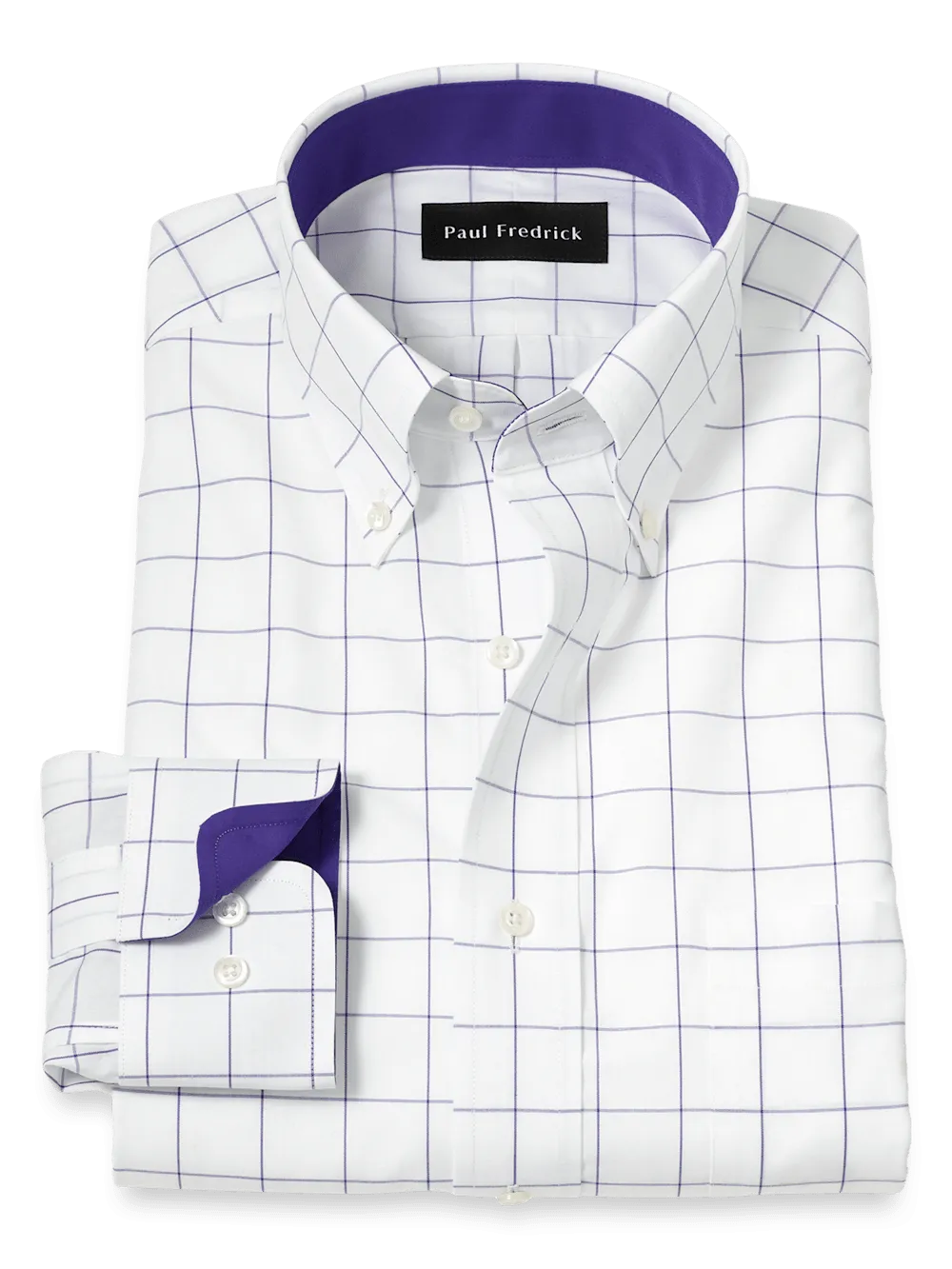 Non-Iron Cotton Windowpane Dress Shirt With Contrast Trim - Purple