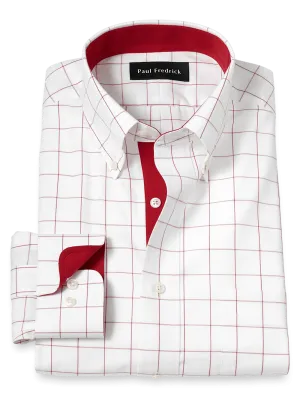 Non-Iron Cotton Windowpane Dress Shirt With Contrast Trim - Red