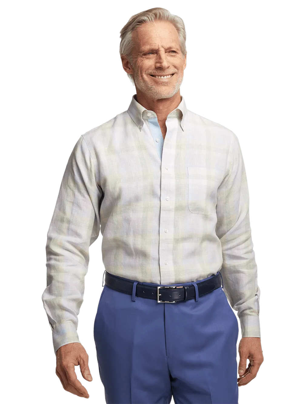 Non-Iron Linen Plaid Dress Shirt With Contrast Trim - Multi