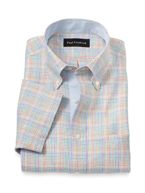 Non-Iron Linen Plaid Dress Shirt With Contrast Trim - Multi