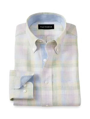 Non-Iron Linen Plaid Dress Shirt With Contrast Trim - Multi