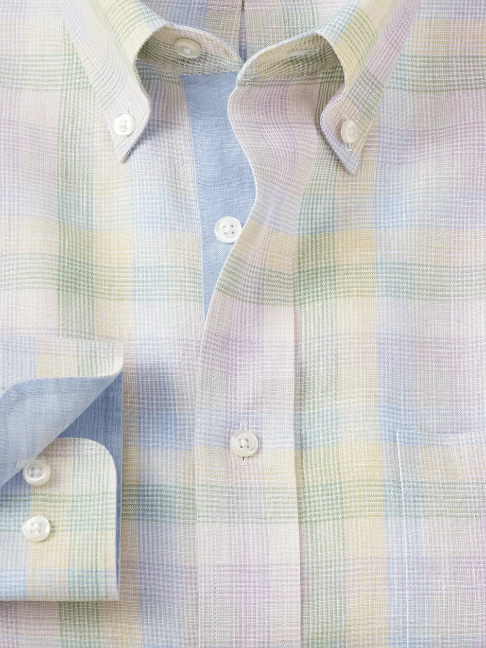 Non-Iron Linen Plaid Dress Shirt With Contrast Trim - Multi