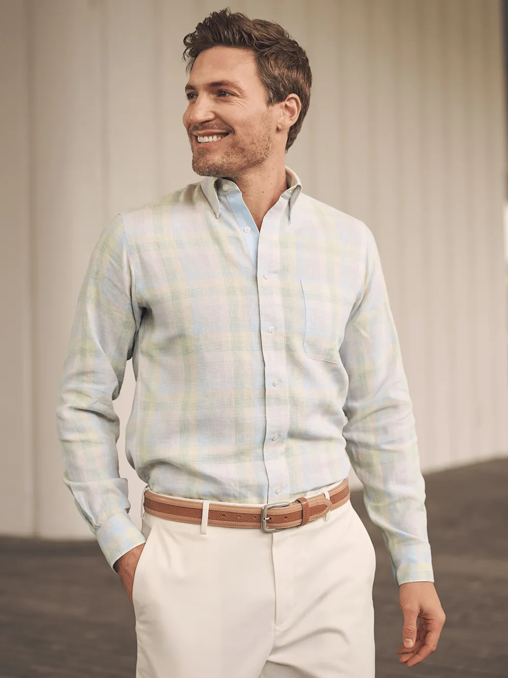 Non-Iron Linen Plaid Dress Shirt With Contrast Trim - Multi