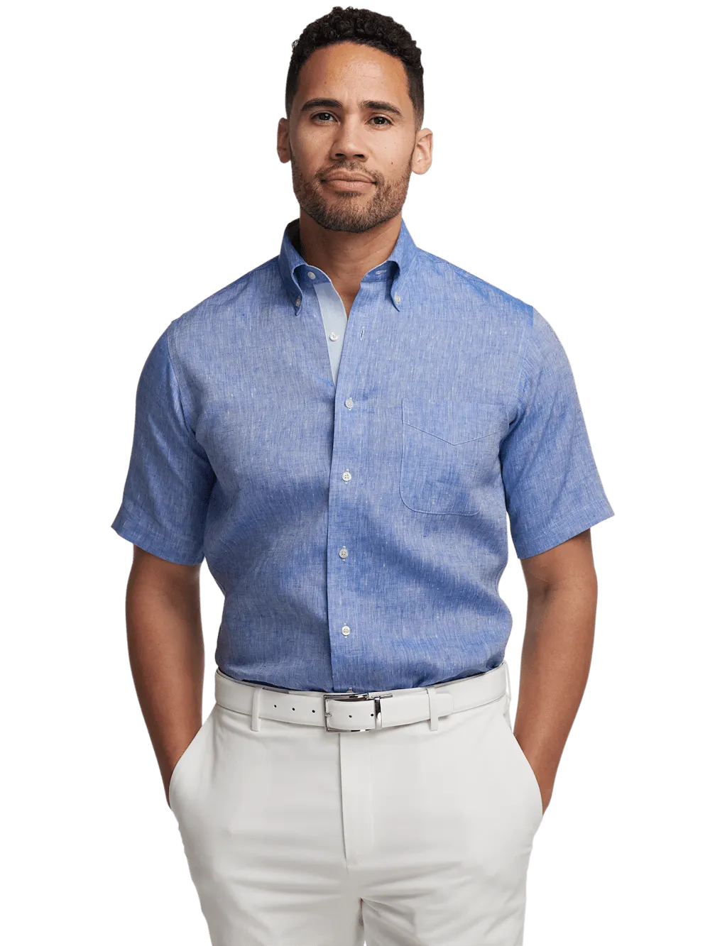 Non-Iron Linen Solid Dress Shirt With Contrast Trim - Dark Blue