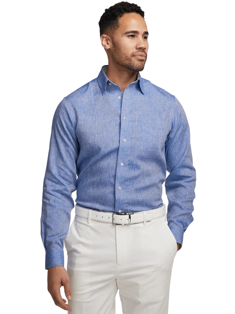 Non-Iron Linen Solid Dress Shirt With Contrast Trim - Dark Blue