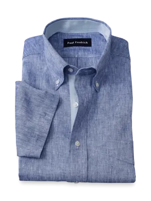Non-Iron Linen Solid Dress Shirt With Contrast Trim - Dark Blue