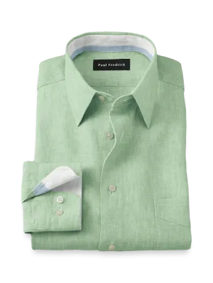 Non-Iron Linen Solid Dress Shirt With Contrast Trim - Green