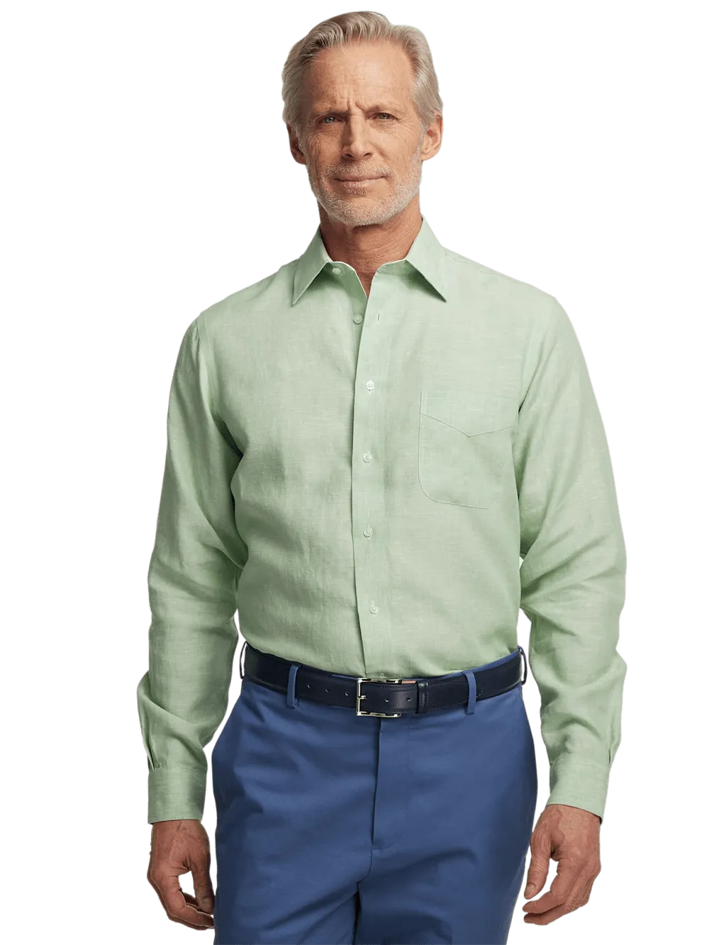 Non-Iron Linen Solid Dress Shirt With Contrast Trim - Green