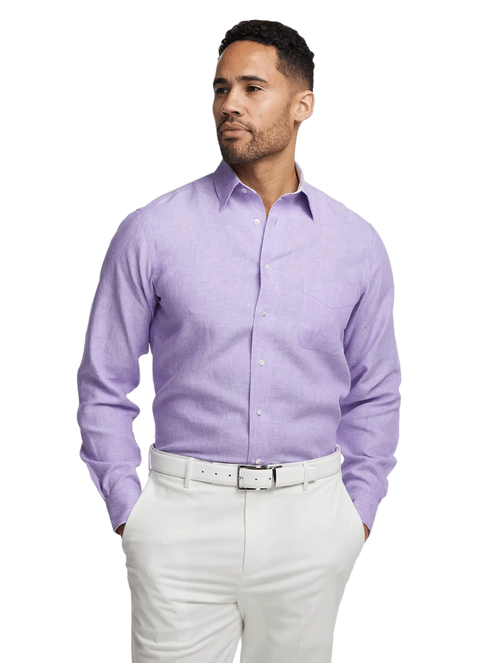 Non-Iron Linen Solid Dress Shirt With Contrast Trim - Lavender
