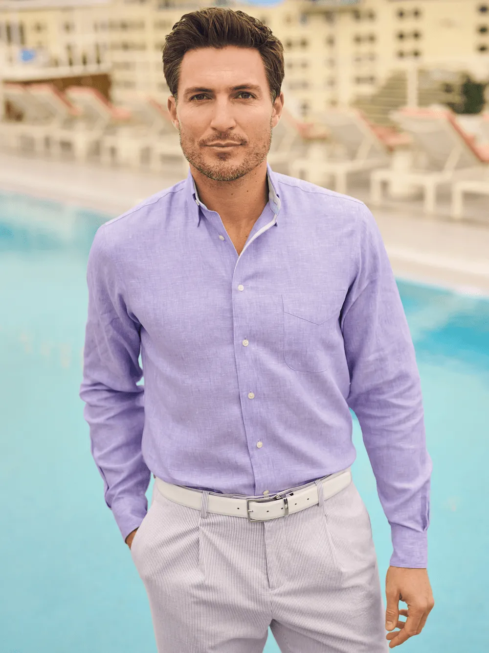 Non-Iron Linen Solid Dress Shirt With Contrast Trim - Lavender