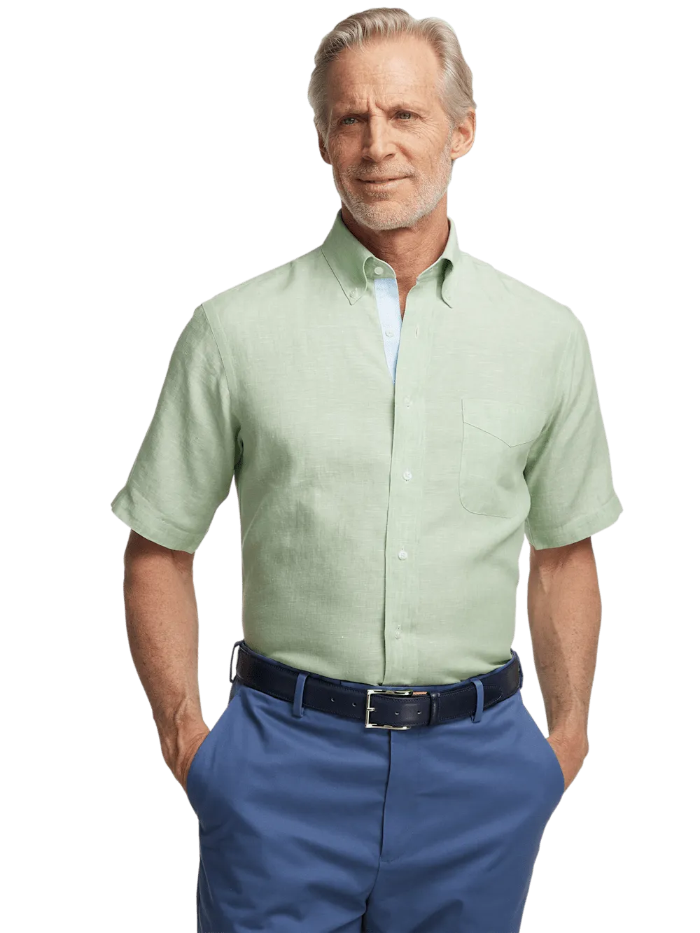 Non-Iron Linen Solid Dress Shirt With Contrast Trim - Light Green