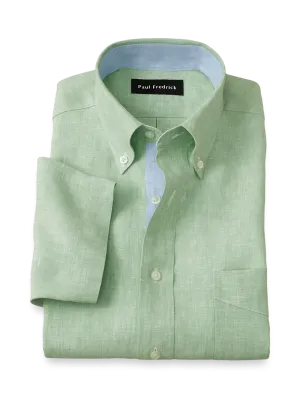 Non-Iron Linen Solid Dress Shirt With Contrast Trim - Light Green