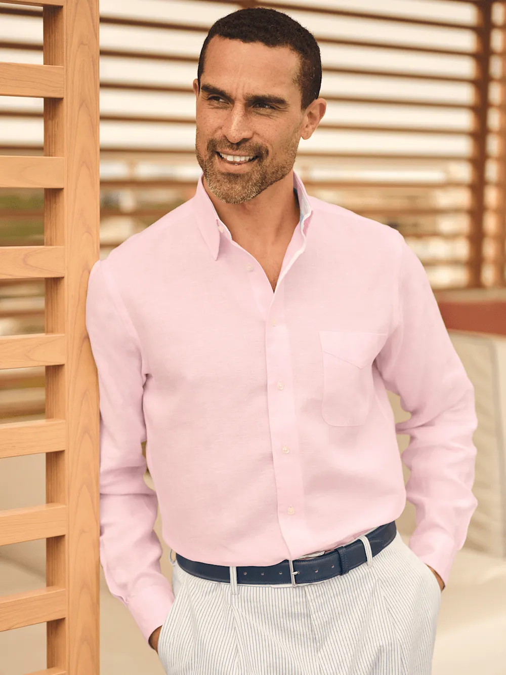 Non-Iron Linen Solid Dress Shirt With Contrast Trim - Pink