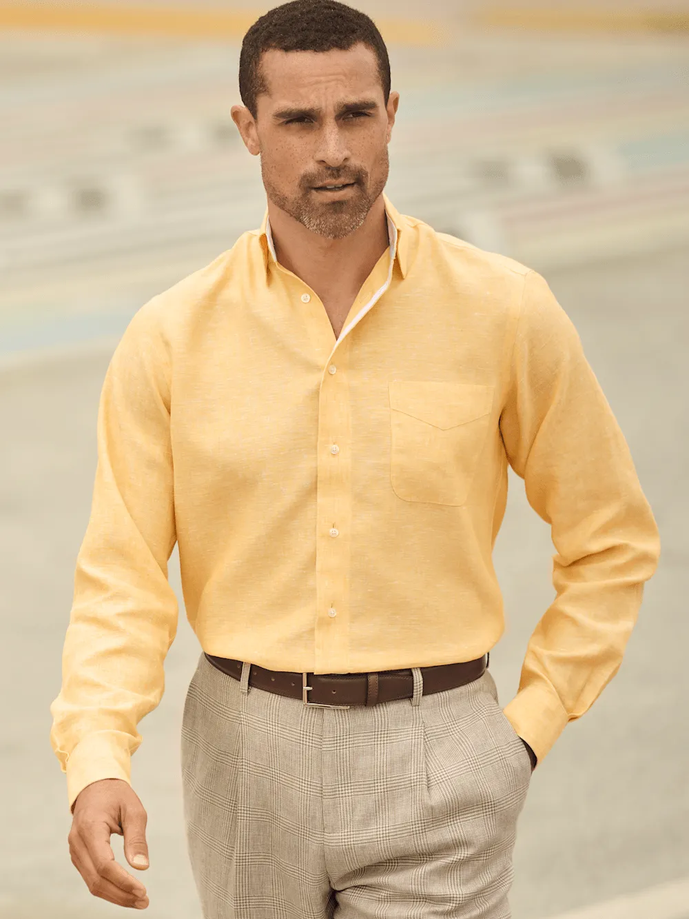 Non-Iron Linen Solid Dress Shirt With Contrast Trim - Yellow