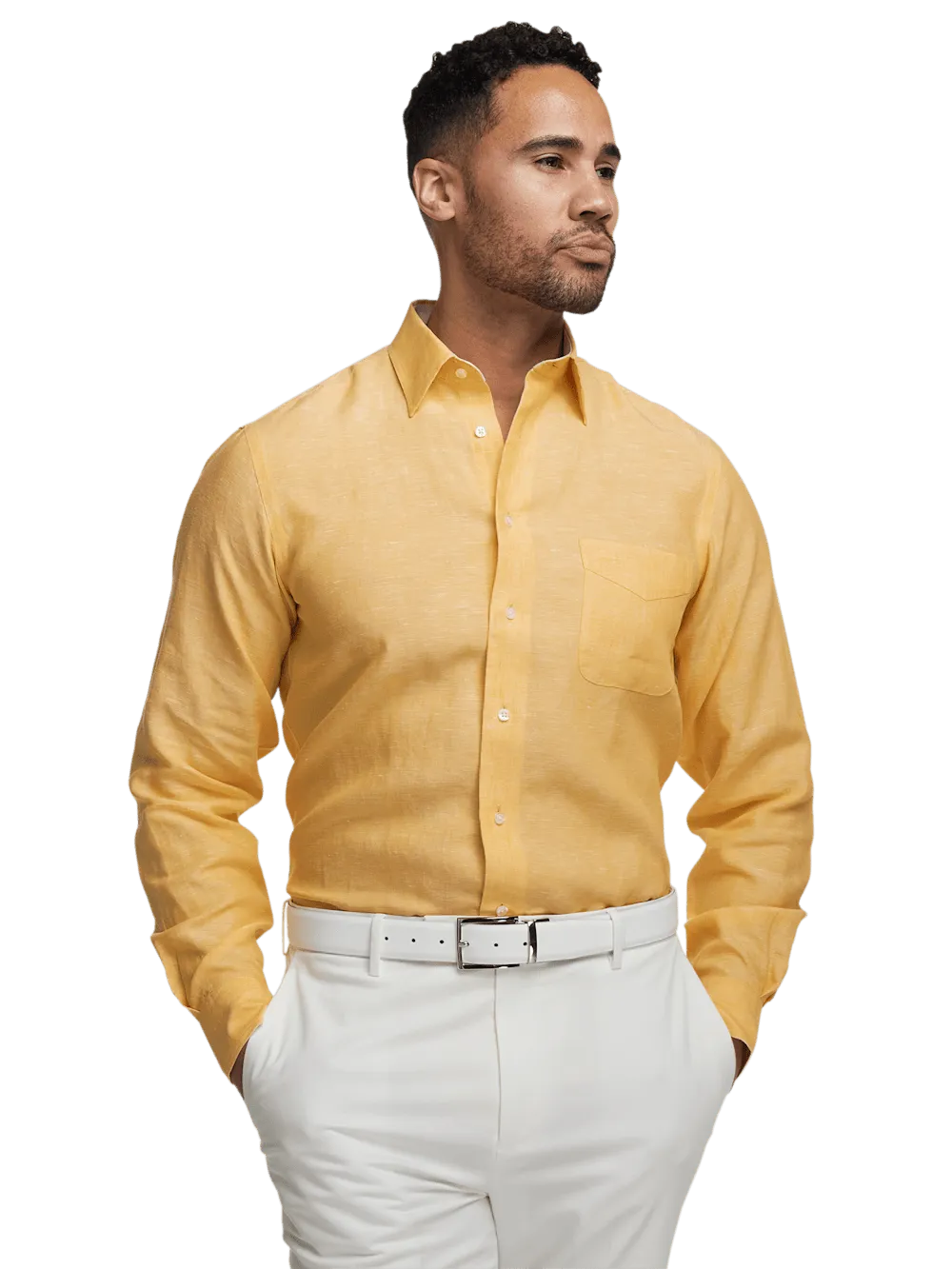 Non-Iron Linen Solid Dress Shirt With Contrast Trim - Yellow