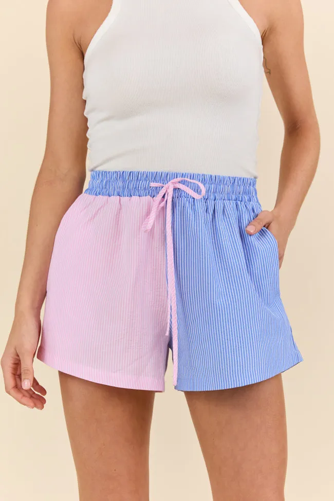 Perfect Days Blue and Pink Colorblock Striped Lounge Shorts