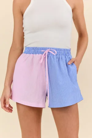 Perfect Days Blue and Pink Colorblock Striped Lounge Shorts