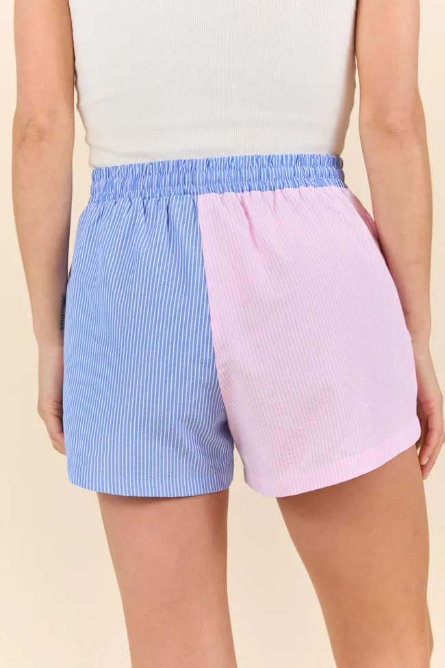 Perfect Days Blue and Pink Colorblock Striped Lounge Shorts