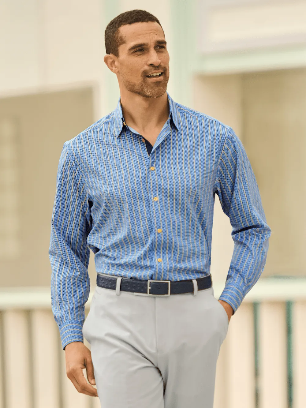 Performance Stretch Stripe Casual Shirt - Blue/yellow