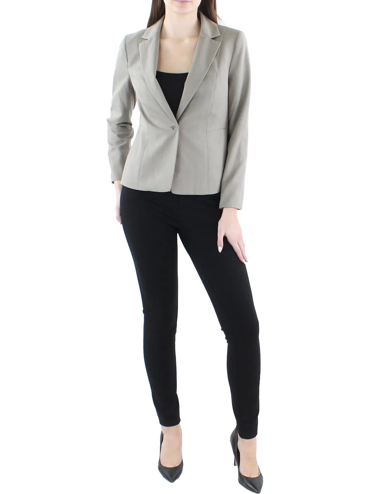 Petites Womens Woven Herringbone One-Button Blazer