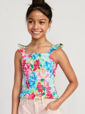 Printed Flutter-Sleeve Smocked Top For Girls