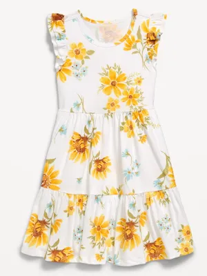 Printed Flutter-Sleeve Tiered Swing Dress for Girls