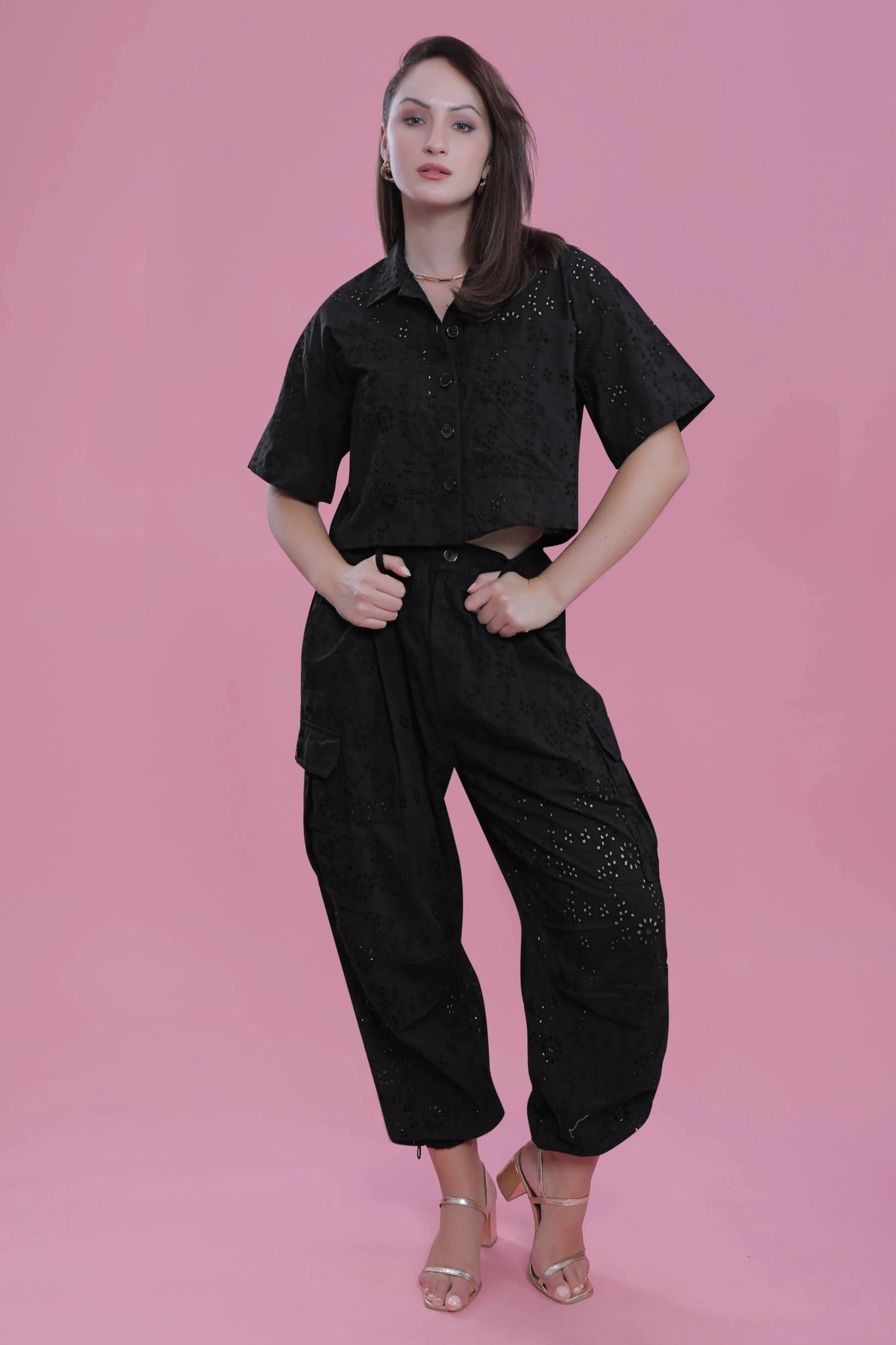 Relax Fit Long Schiffli Black Cargo Pant French Theory