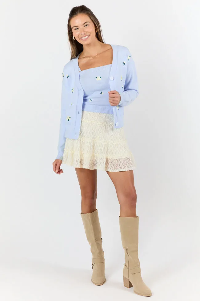 Well Wishes Blue Floral Embroidered Cardigan And Sweater Tank Set