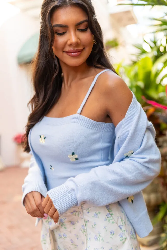 Well Wishes Blue Floral Embroidered Cardigan And Sweater Tank Set