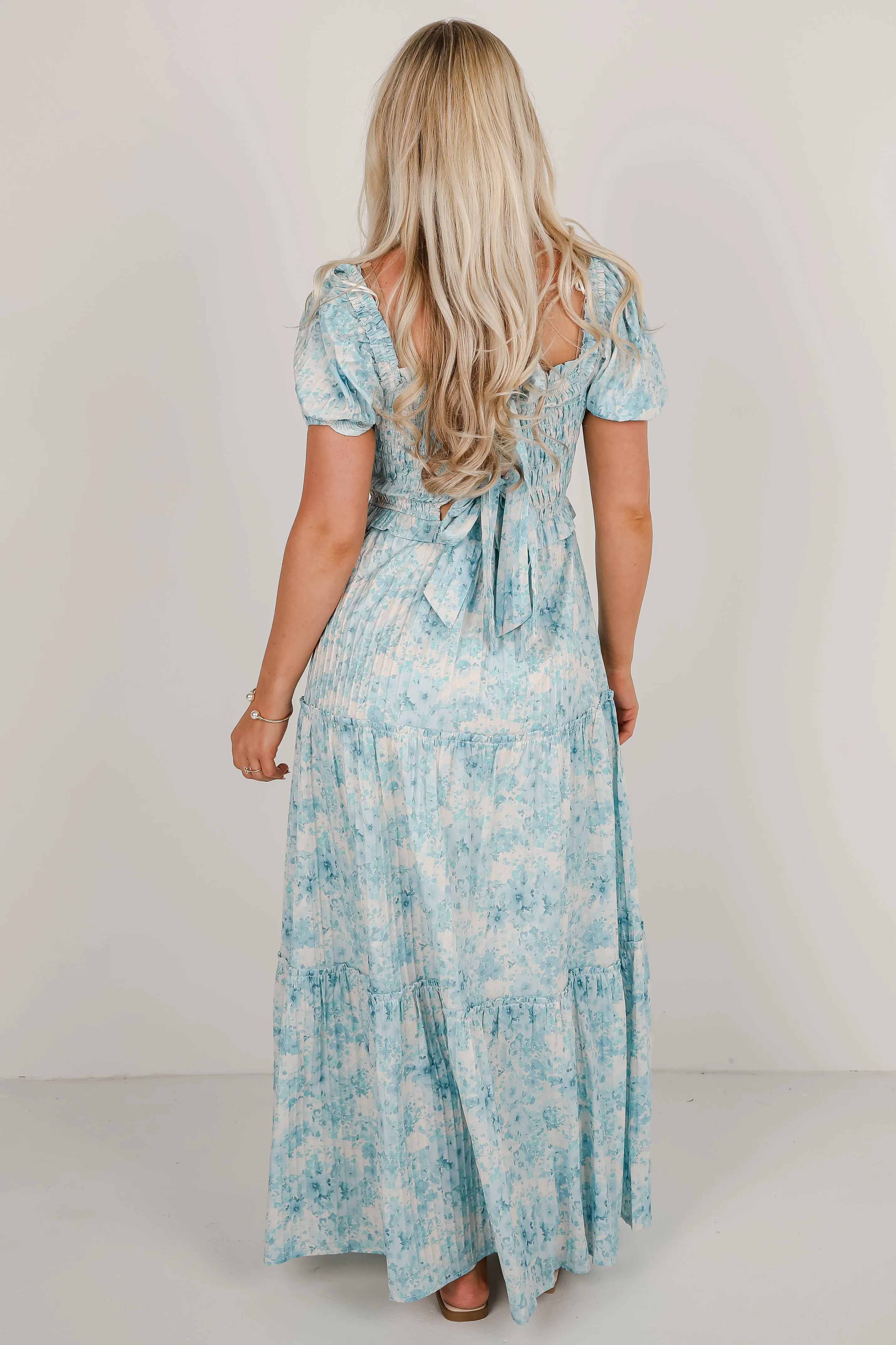 Willing To Help Blue Floral Smocked Maxi Dress