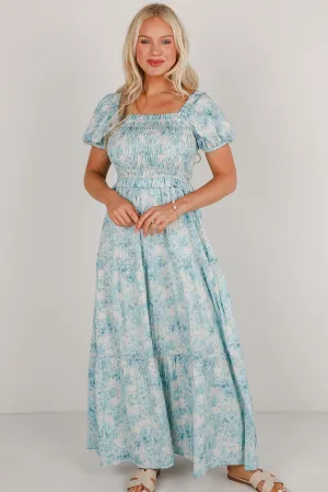Willing To Help Blue Floral Smocked Maxi Dress