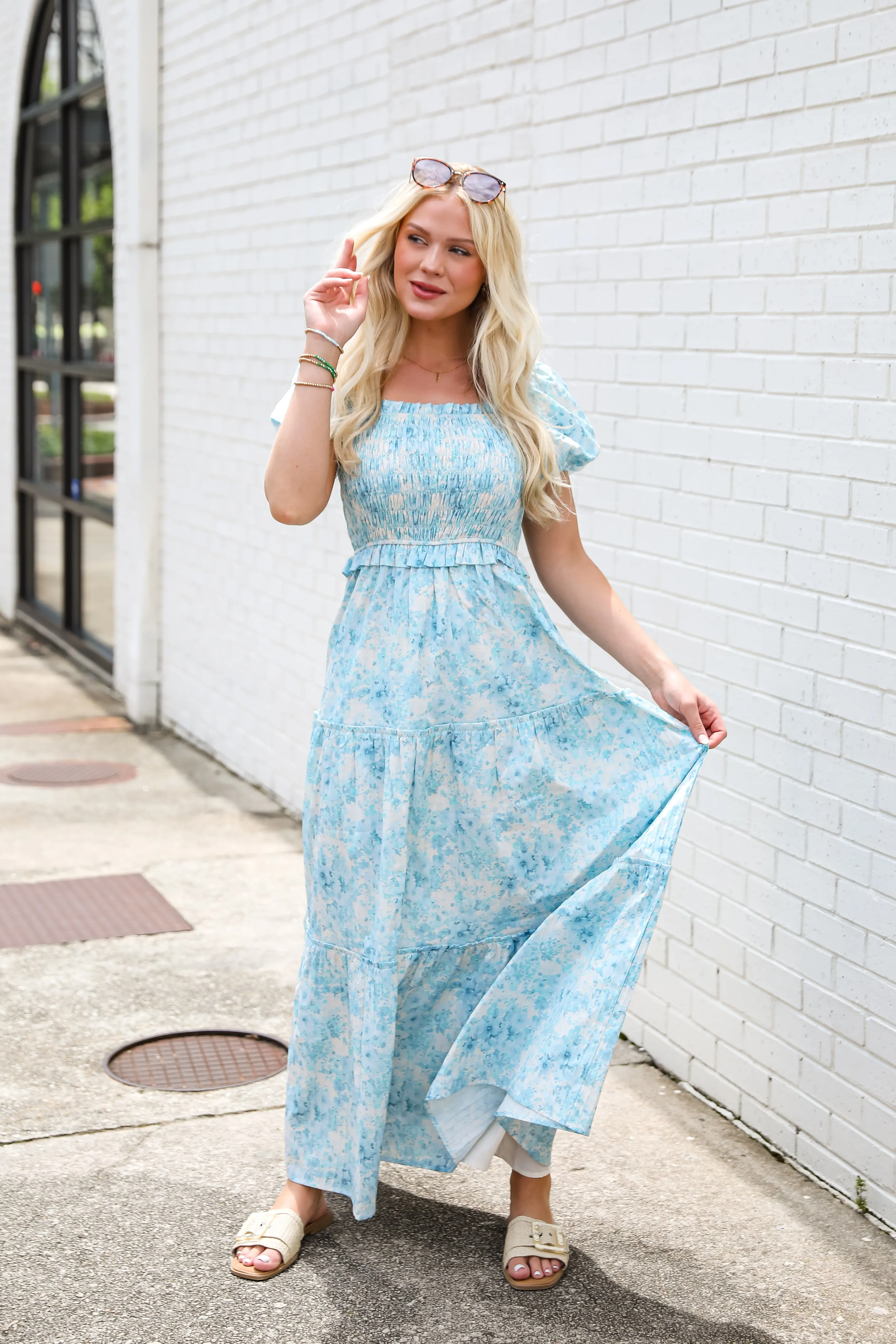 Willing To Help Blue Floral Smocked Maxi Dress