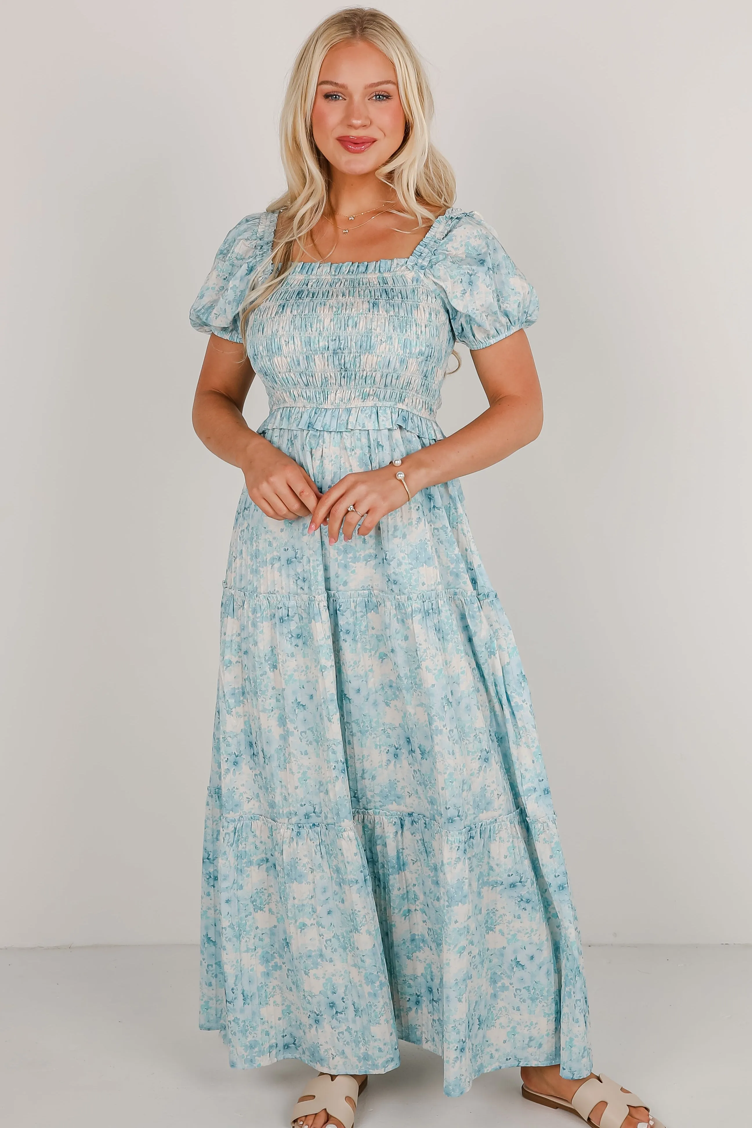 Willing To Help Blue Floral Smocked Maxi Dress
