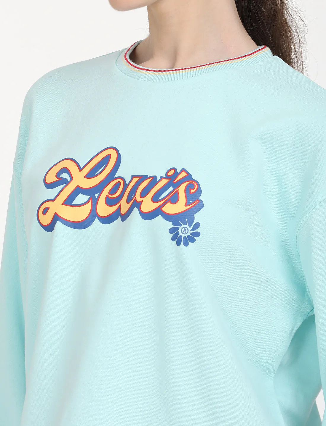 Women's Brand Logo Light Blue Crew Neck Sweatshirt LEVI'S