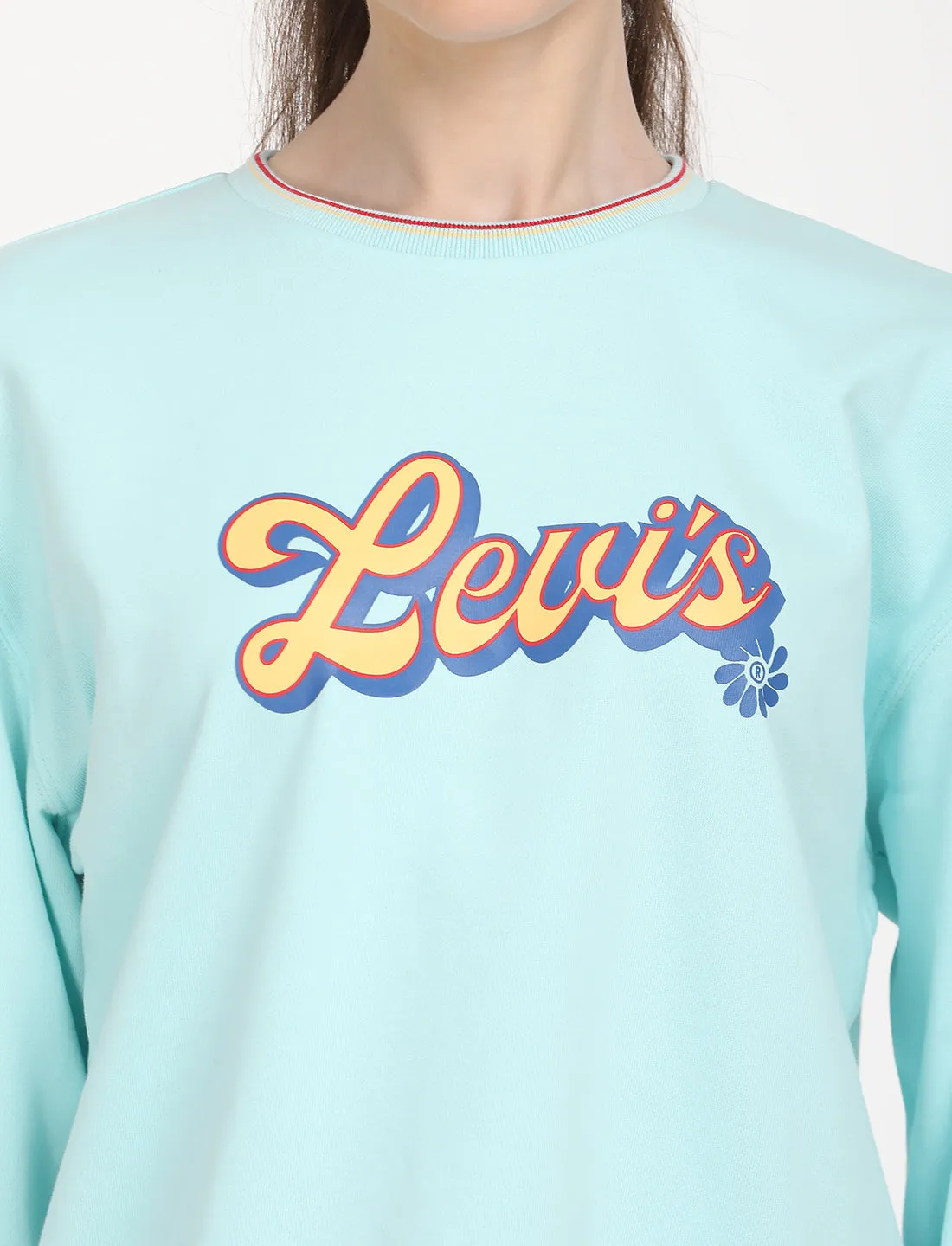 Women's Brand Logo Light Blue Crew Neck Sweatshirt LEVI'S