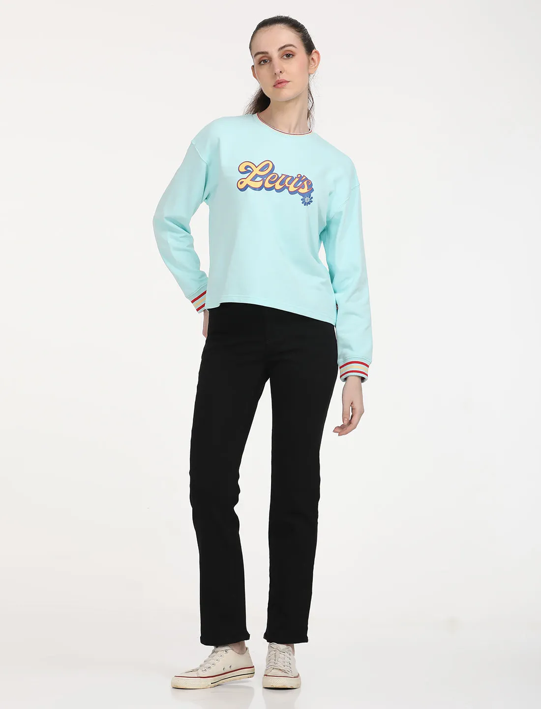 Women's Brand Logo Light Blue Crew Neck Sweatshirt LEVI'S