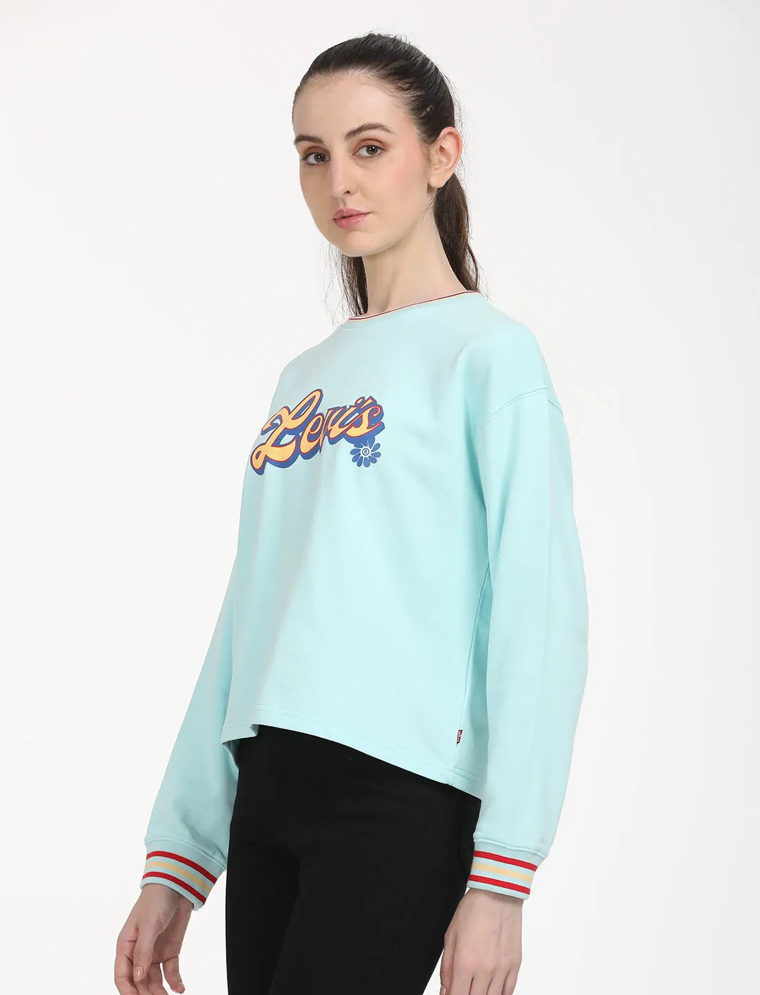Women's Brand Logo Light Blue Crew Neck Sweatshirt LEVI'S